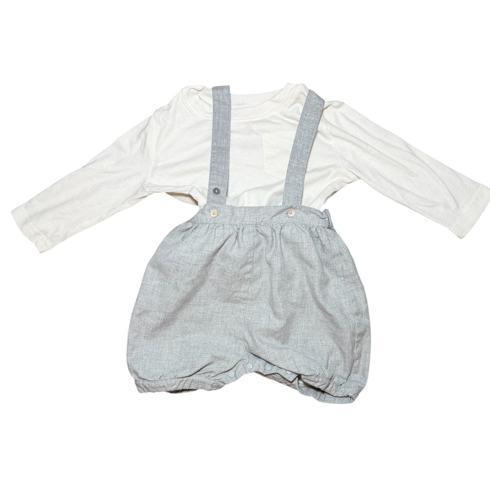 Marie Chantal 12M‎ Gray Linen Blend Bubble Romper White Tee Outfit Set